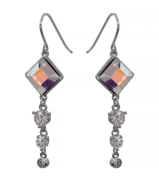 Сережки (гачки) з кристалами Swarovski Ромбік + 3 камені родіум (Медична сталь)
