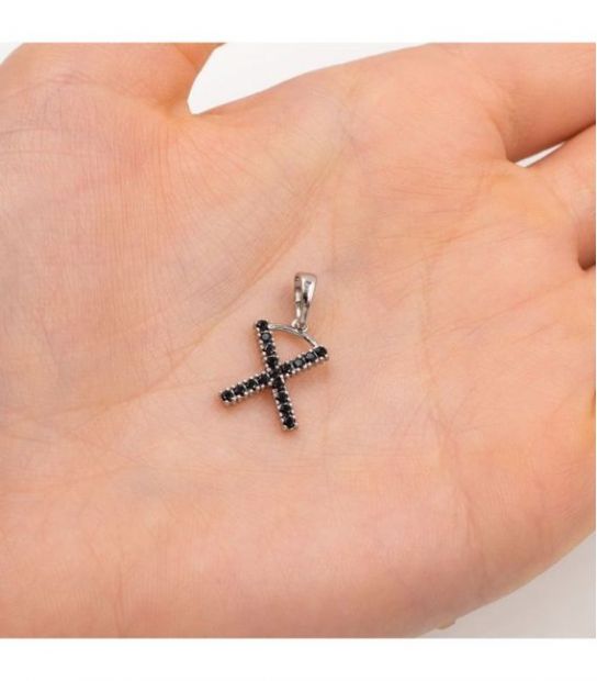 Підвіска "Літера X" чорні циркони родіум