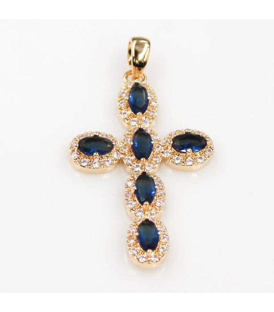 Кулон Крестик с синими цирконами - лимонная позолота 371185(2)