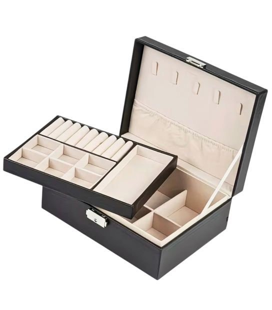 Шкатулка-органайзер кожаная, на замочке (черная)