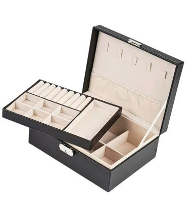 Шкатулка-органайзер кожаная, на замочке (черная)