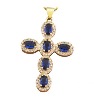 Кулон Хрестик з синіми цирконами лимонна позолота (медичне золото)