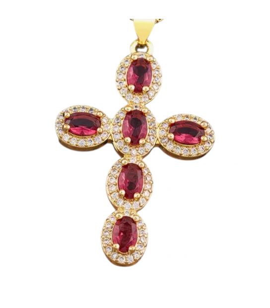 Кулон Хрестик з малиновий цирконами лимонна позолота (медичне золото)