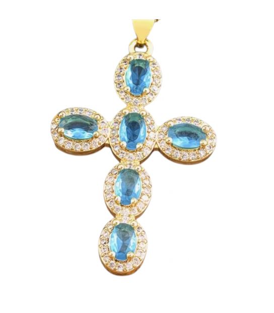Кулон Хрестик з блакитними цирконами лимонна позолота (медичне золото)