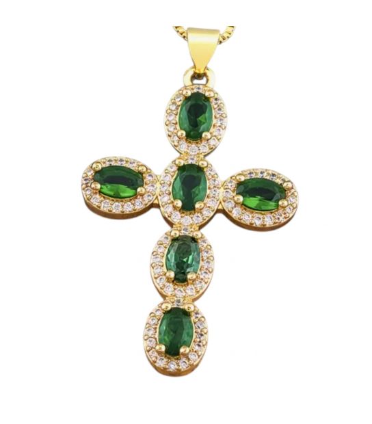Кулон Хрестик з зеленим цирконами лимонна позолота (медичне золото)