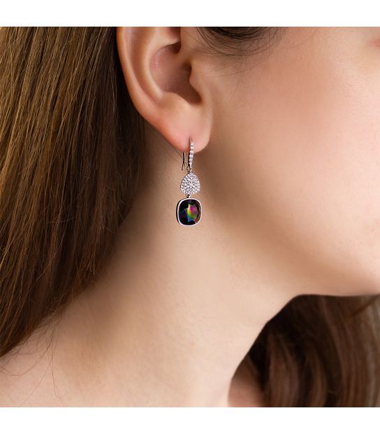 Серьги (крючки) Swarovski Квадрат на основании из камней родиум (Медицинская сталь)