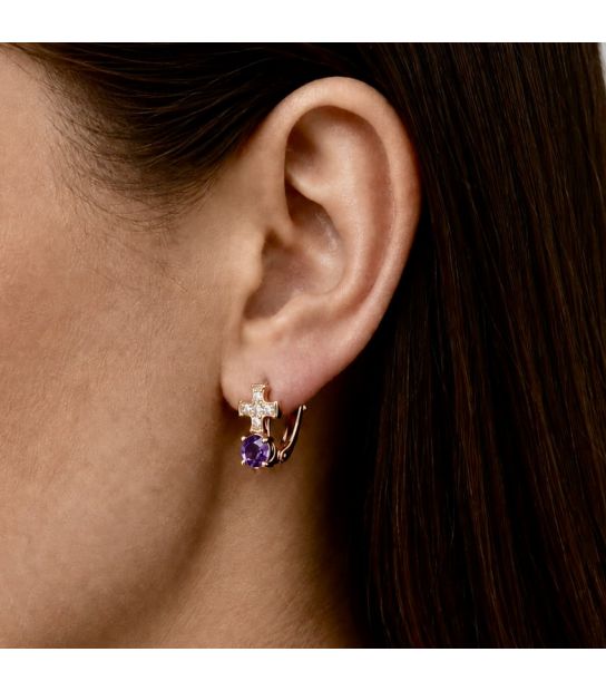 Серьги Xuping позолота Камень 0,8 (фиолетовый) на металлическом крестике с мелкими камушками медицинское золото